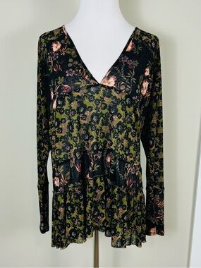 Free People Isabelle V-Neck Peplum Long-Sleeve Top - Black & Olive